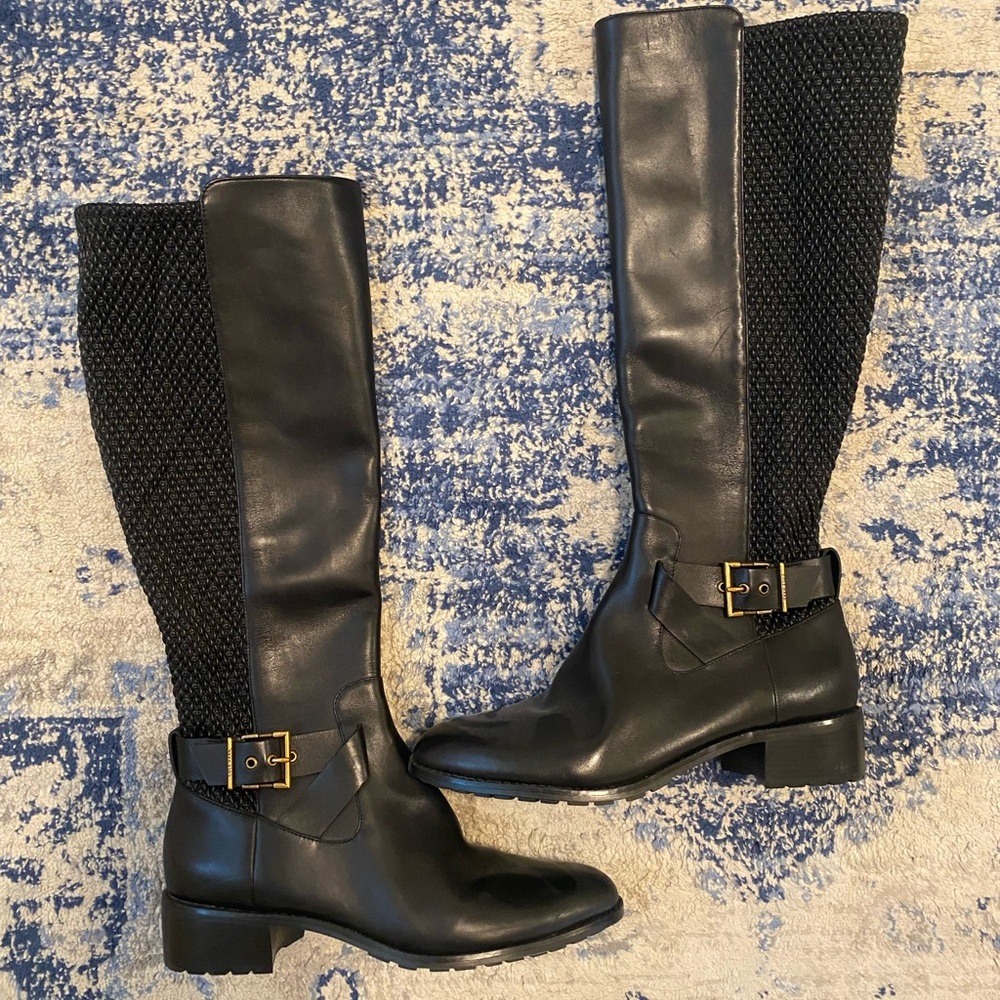 Cole Haan Black Leather Heeled Boots with Gold Buckle